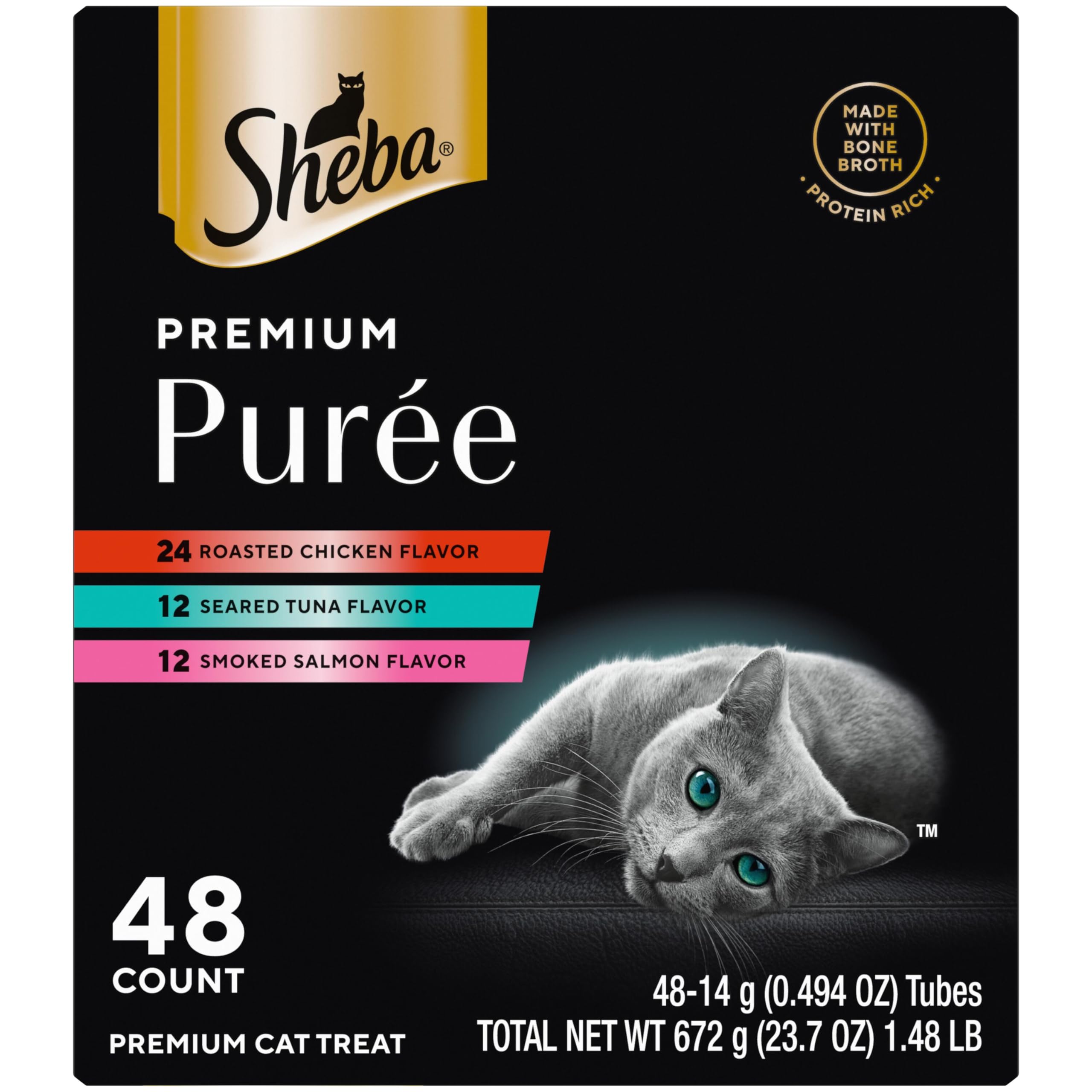 Friandise Sheba Premium Purée Chat au poulet rôti, texture crémeuse et pratique.