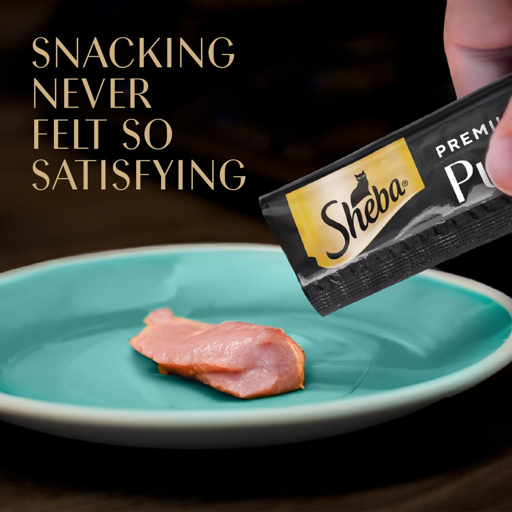 Sans céréales et sans additifs artificiels avec Sheba Purée pour chats.