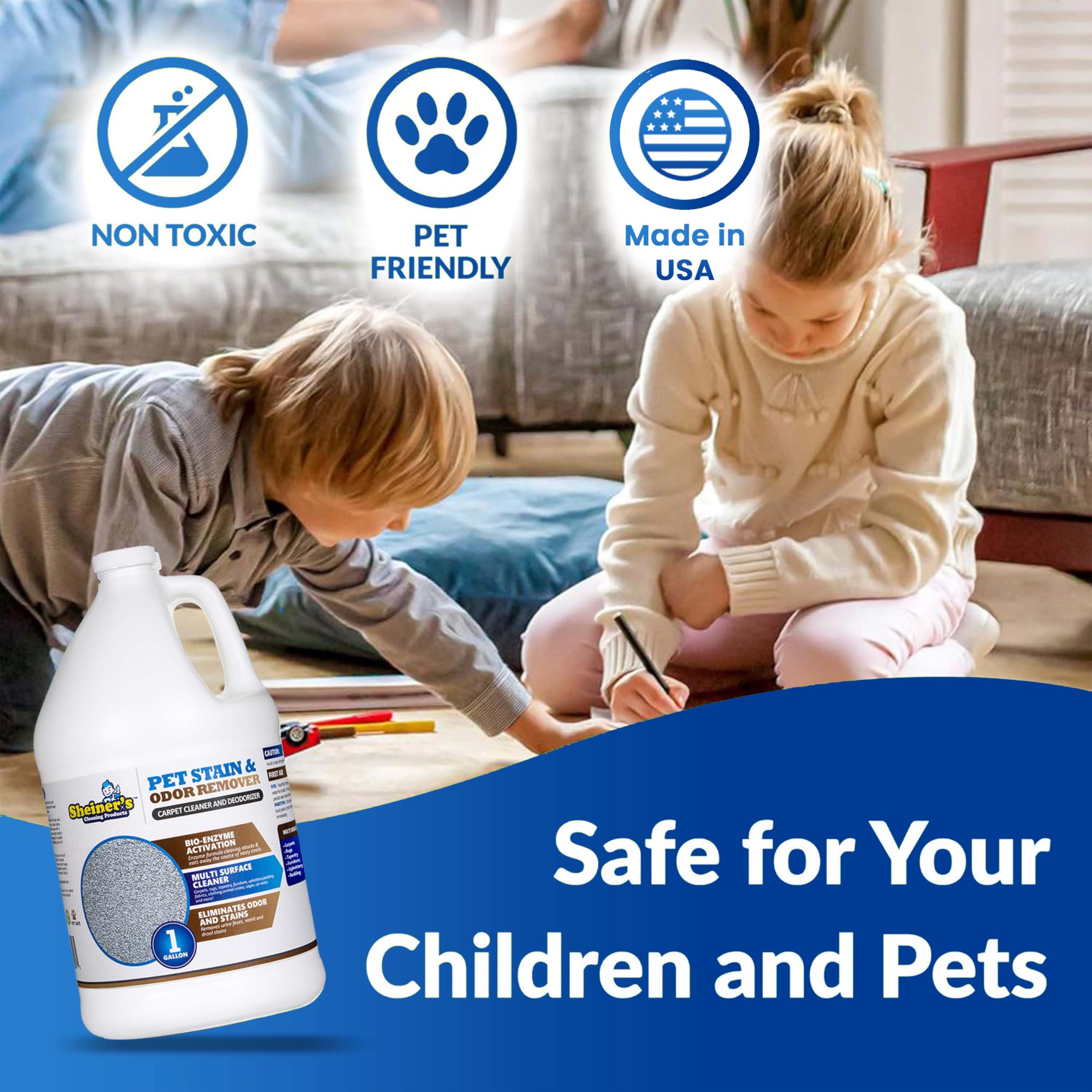 Visuel sécurité animaux et enfants autour du produit.