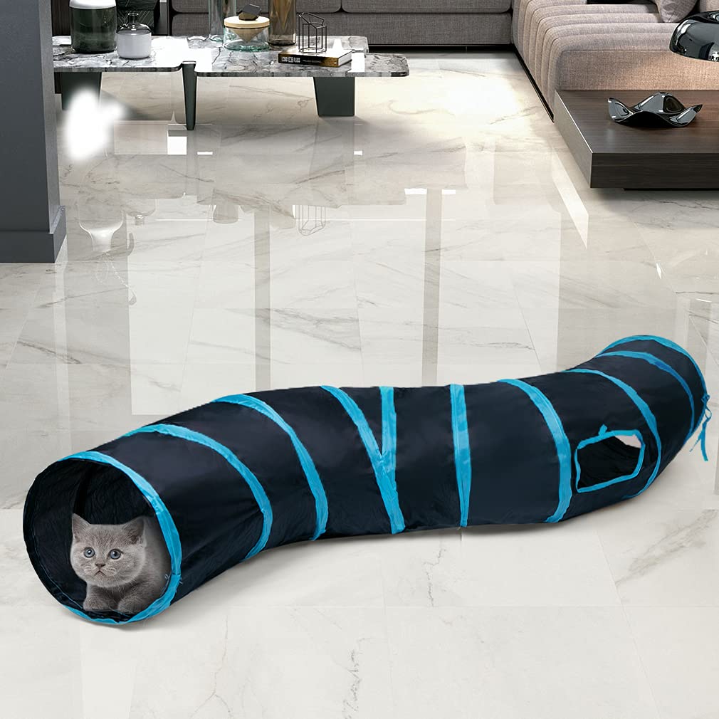 Tunnel chat Sheldamy coloris bleu et noir, design attrayant et fun.