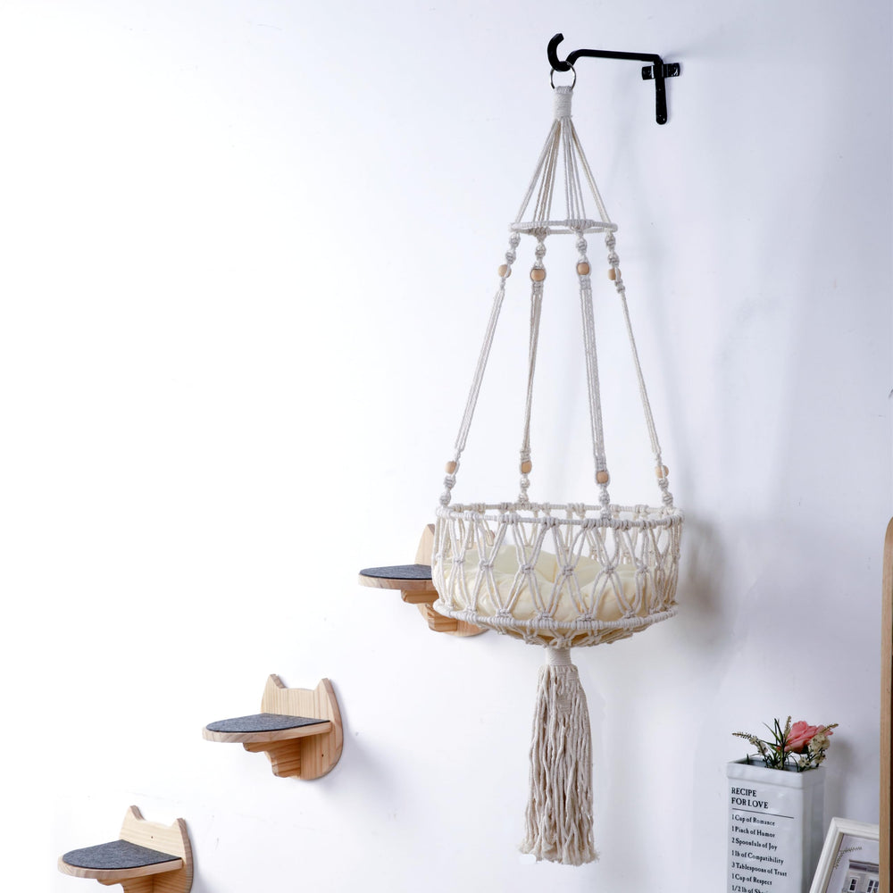 SHENGOCASE hamac chat macramé, diamètre 13 pouces, offre un espace repos élégant pour votre chat.