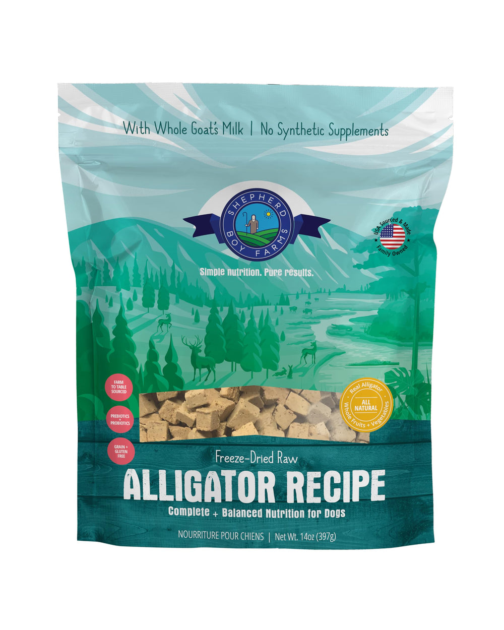 Shepherd Boy Farms alligator-seche-cru-sachet: repas complet pour chien actif.