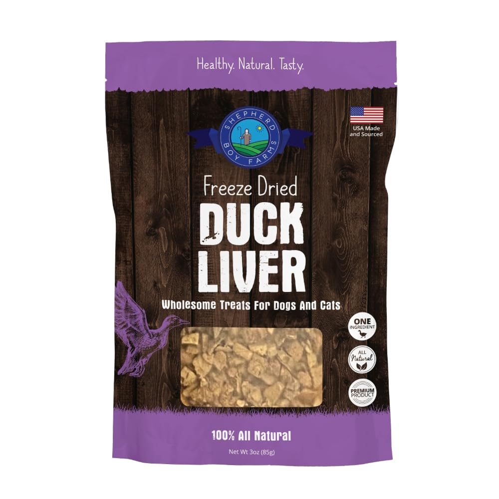 Friandises Shepherd Boy Farms bouchées foie de canard lyophilisées, protéines élevées pour chiens et chats.