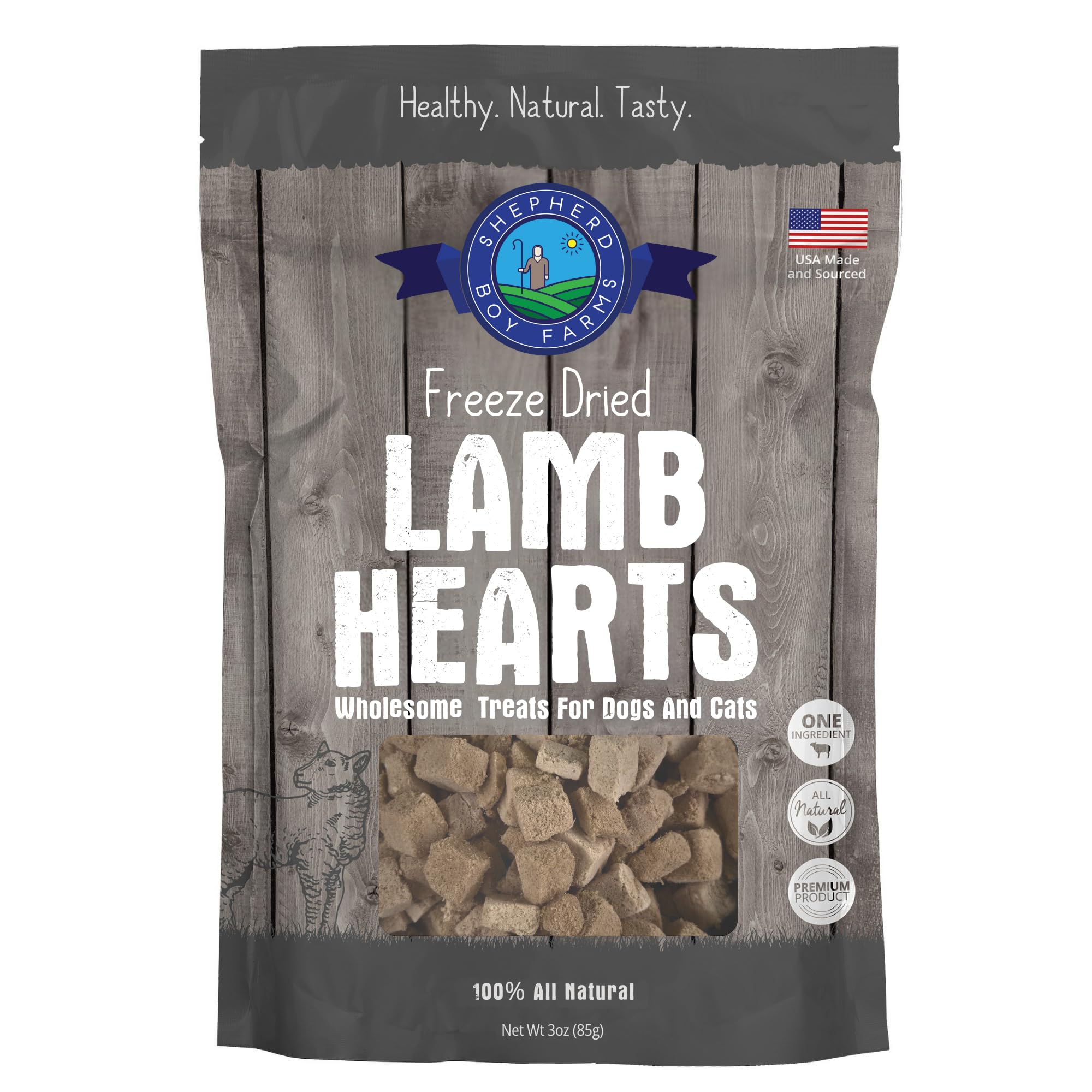 Friandise Shepherd Boy Farms Cœur d’agneau lyophilisée, sachet pratique, idéal pour l’entraînement.