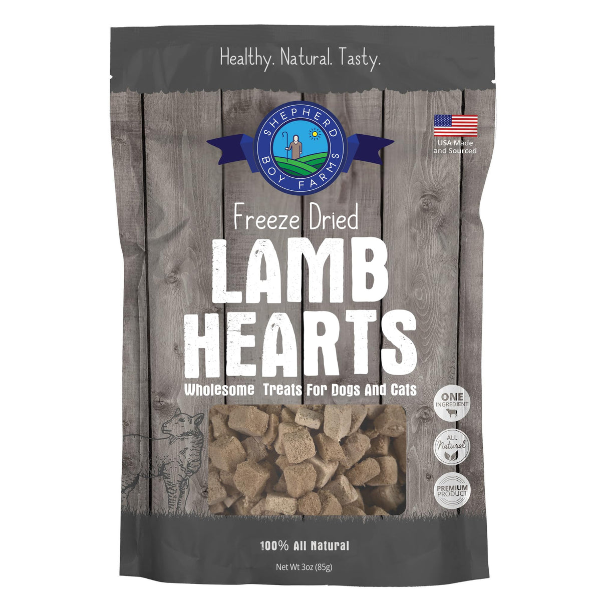 Friandise Shepherd Boy Farms Cœur d’agneau lyophilisée, sachet pratique, idéal pour l’entraînement.