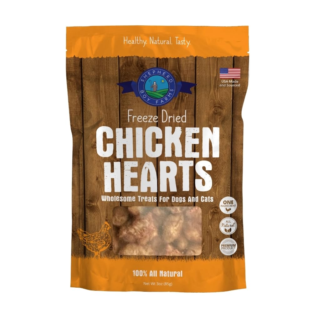 Shepherd Boy Farms Cœur de poulet séché, friandise protéinée idéale pour chiens et chats.