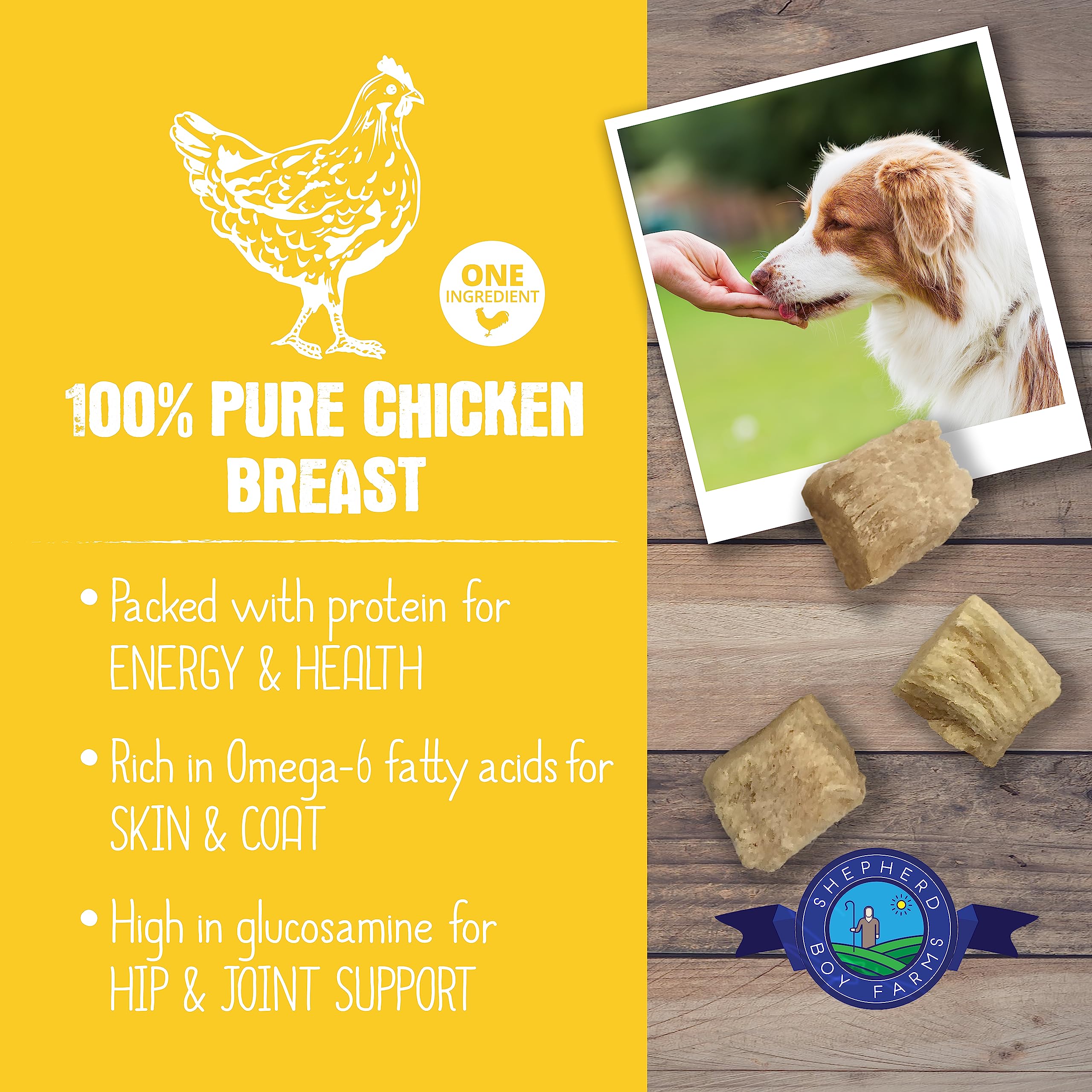 Friandise Shepherd Boy Farms: poulet lyophilisé, idéale pour chiens et chats.