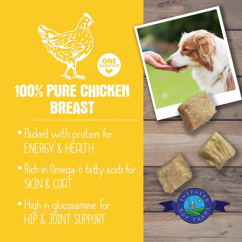 Friandise Shepherd Boy Farms: poulet lyophilisé, idéale pour chiens et chats.