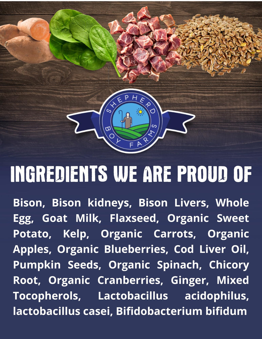 Fruits et legumes bio dans la formule Shepherd Boy Farms; nutriments naturels