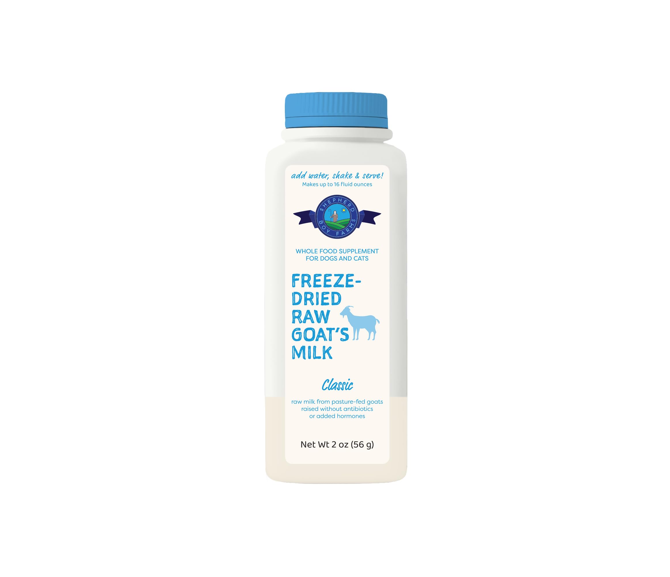 Lait chèvre sec Shepherd Boy Farms en bouteille, probiotiques pour chiens et chats.