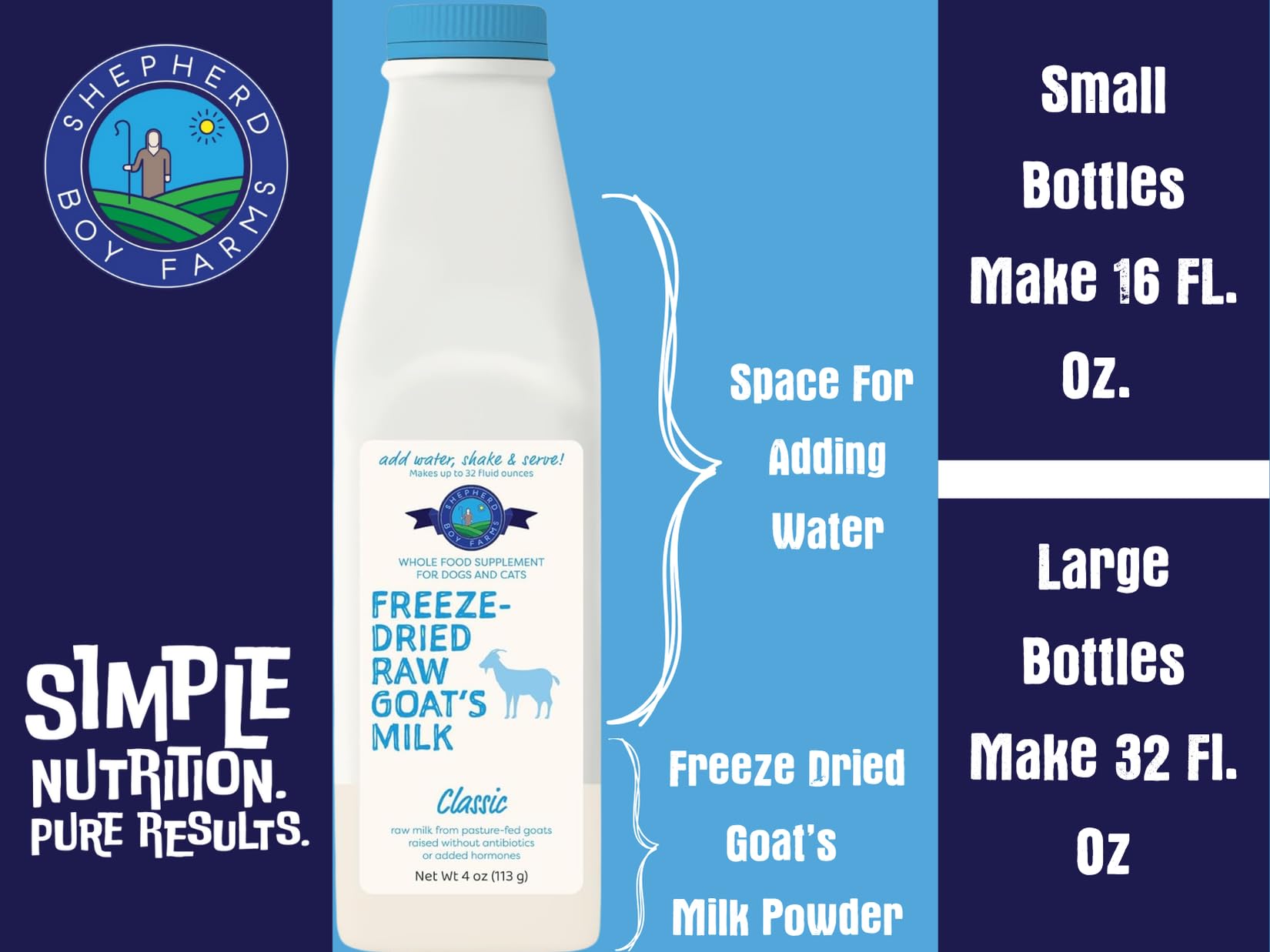 Probiotiques dans le lait chèvre lyophilisé Shepherd Boy Farms pour digestion douce.