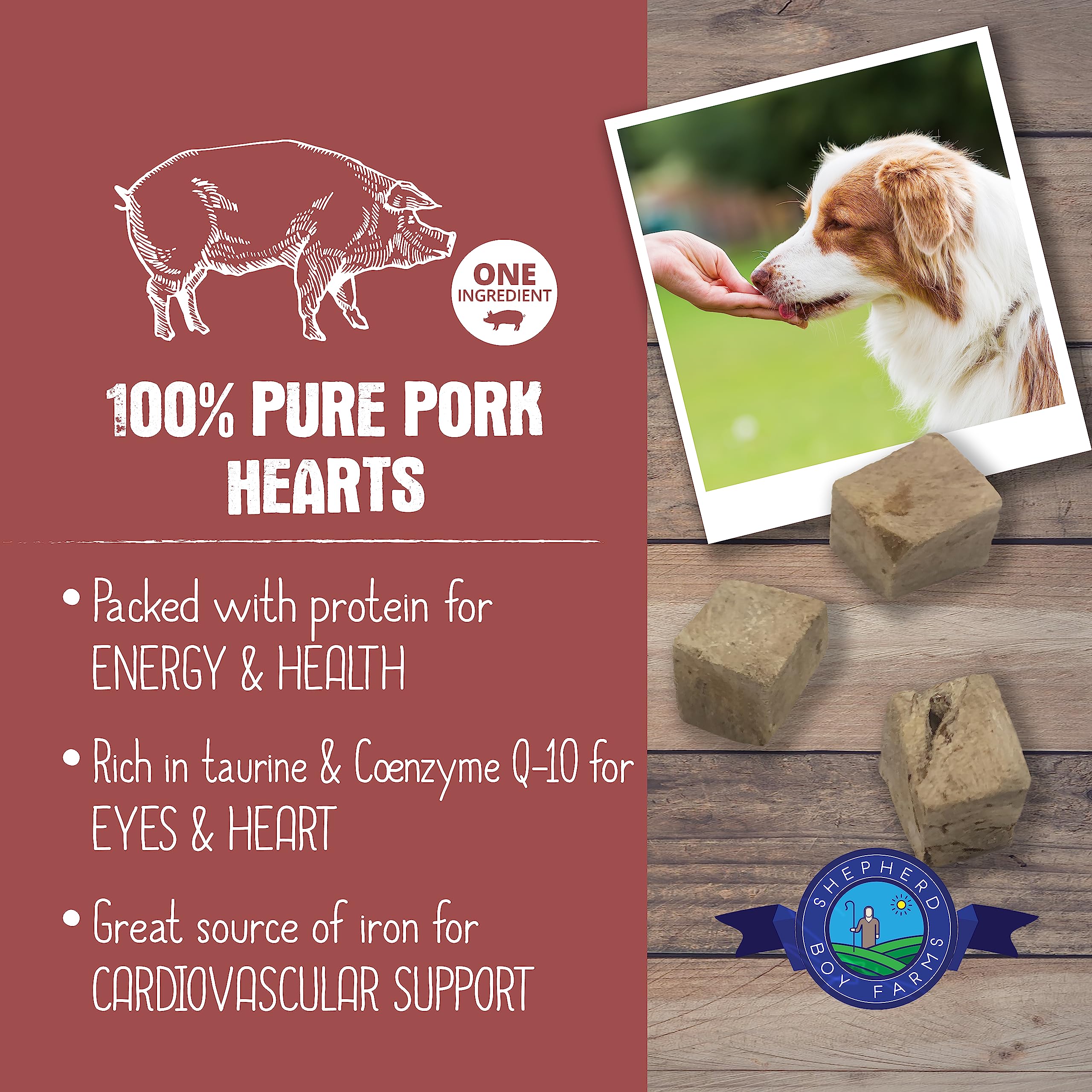 Shepherd Boy Farms, protéine élevée porc lyophilisé, soutien énergétique pour chiens et chats.