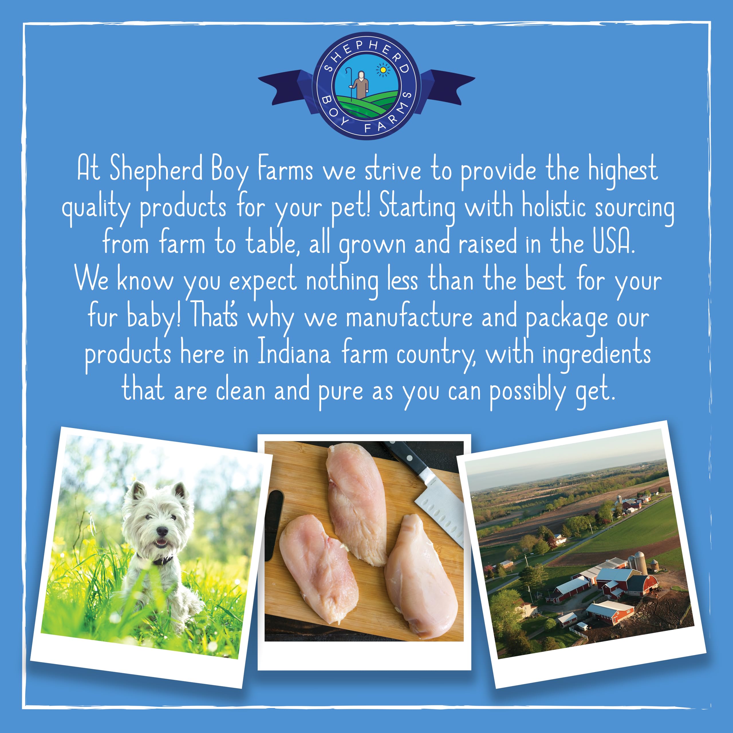 Shepherd Boy Farms Sans céréales ni additifs, option saine pour chiens et chats.