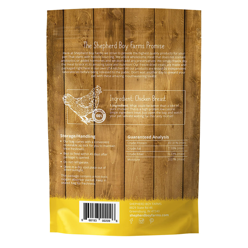 Usage quotidien Shepherd Boy Farms: friandises poulet lyophilisé, plaisir sain.