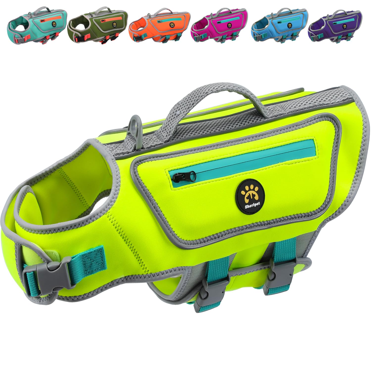 Sheripet gilet sauvetage chien vert flottant: visibilité élevée et flottabilité fiable.
