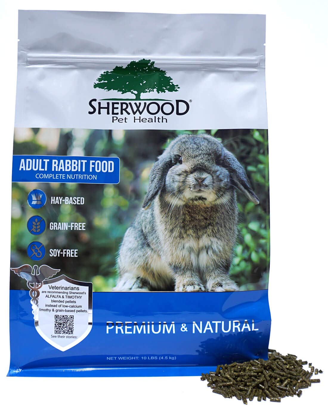 Sherwood Pet Health, emballage adulte lapin, alimentation complète avec foin et alfalfa.