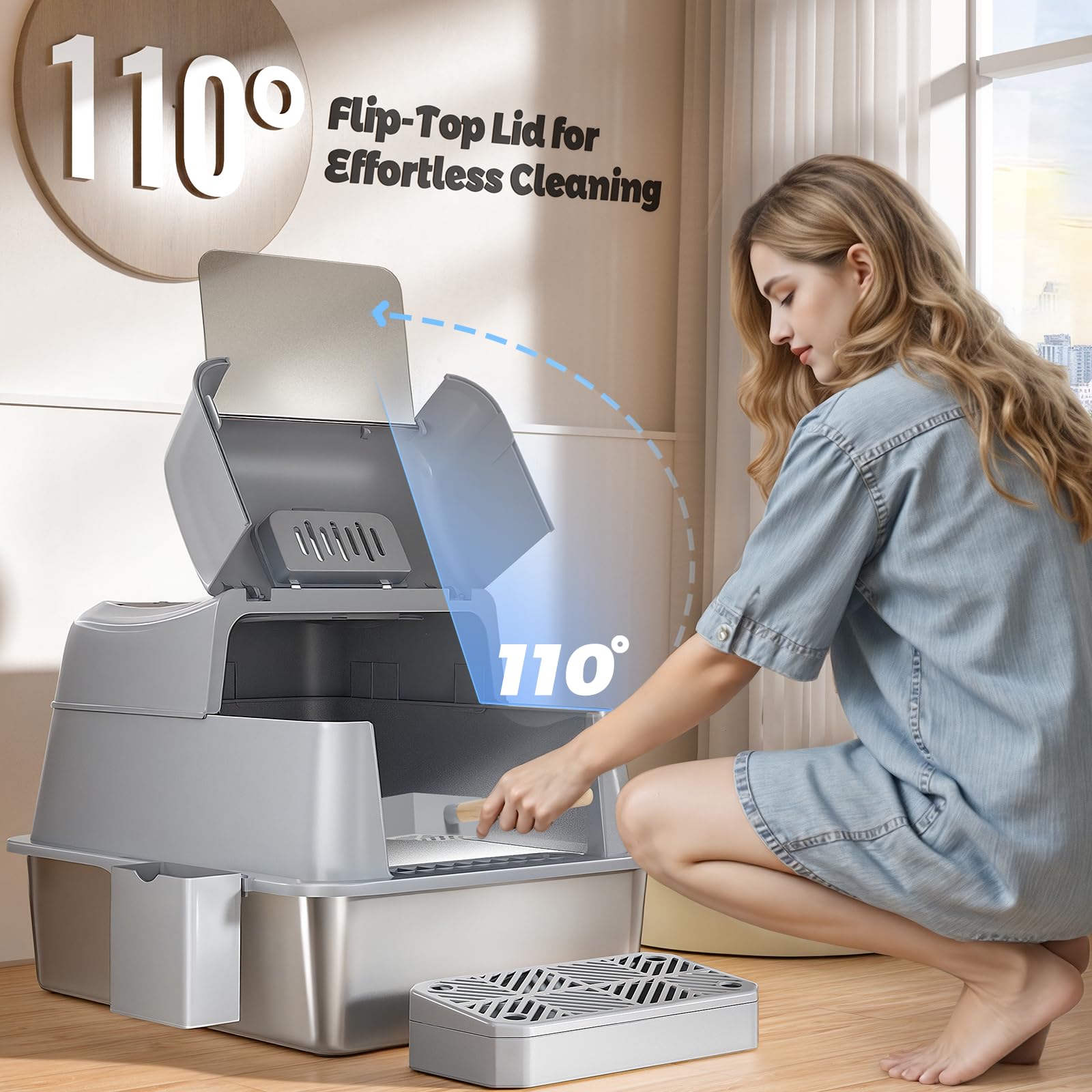 Shikha litière inox XXL, design 3-en-1 pour différentes configurations.