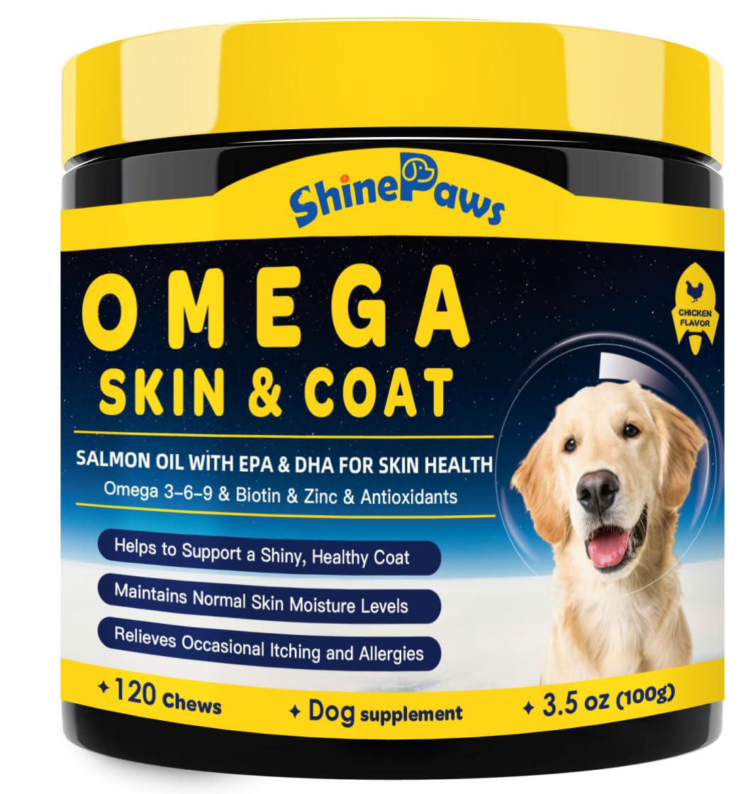 Emballage SHINEPAWS Omega3 pour chiens avec 120 gommes faciles à donner.