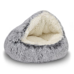ShinHye lit chat rond en peluche avec capuche, cocon douillet et apaisant.
