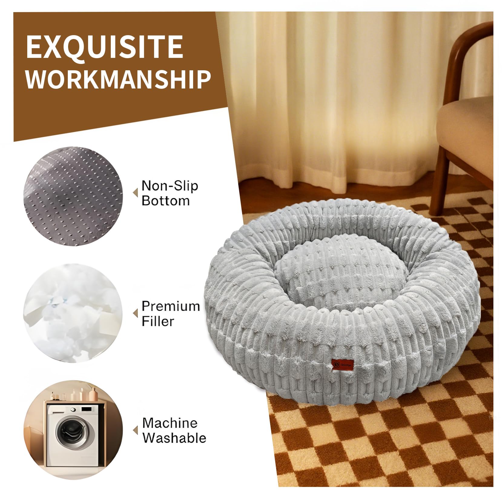 ShinHye lit chien chat gris 20x20 – côté gauche, design sûr et apaisant.