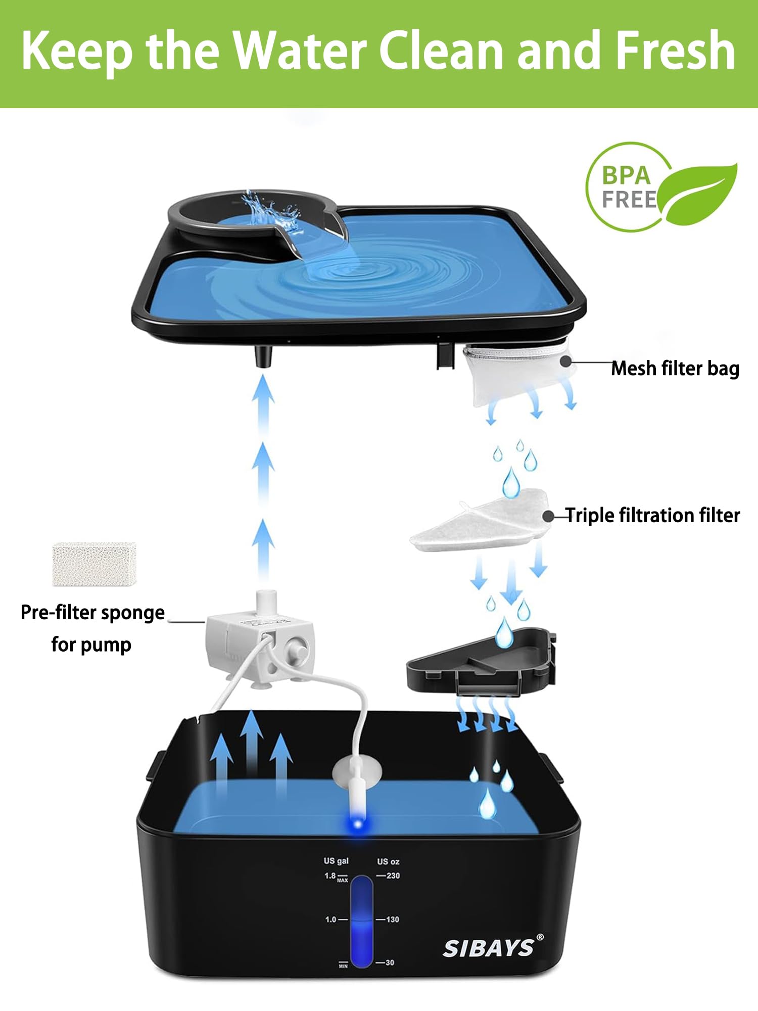 Eau plus propre et fraîche grâce au filtre SIBAYS pour fontaine chat.