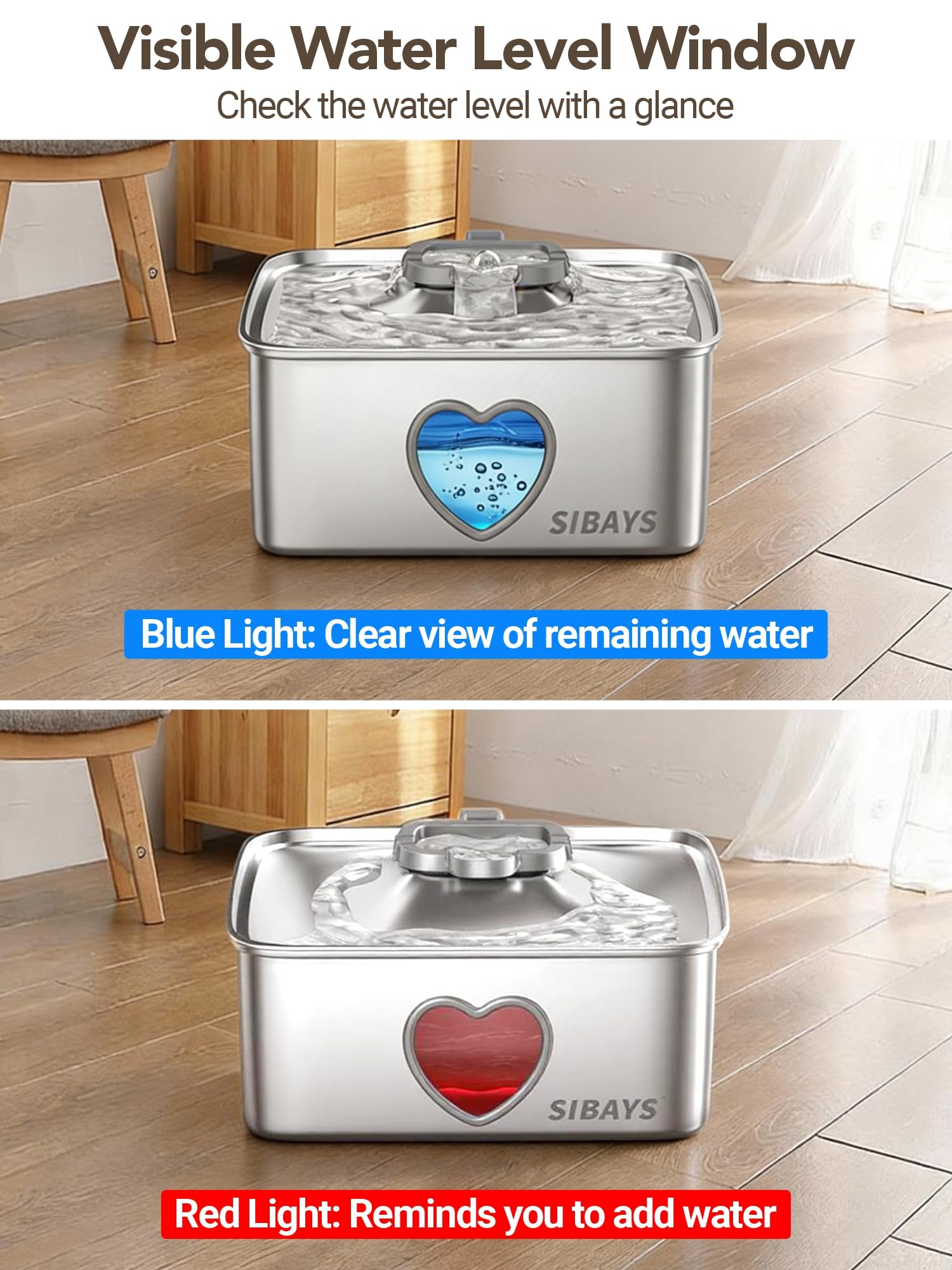 Indicateur LED de la fontaine SIBAYS avertissant lorsque l'eau est basse.