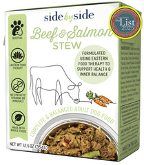 Side by Side Ragoût Boeuf-Saumon: bouillon d'os, repas humide naturel pour chien.