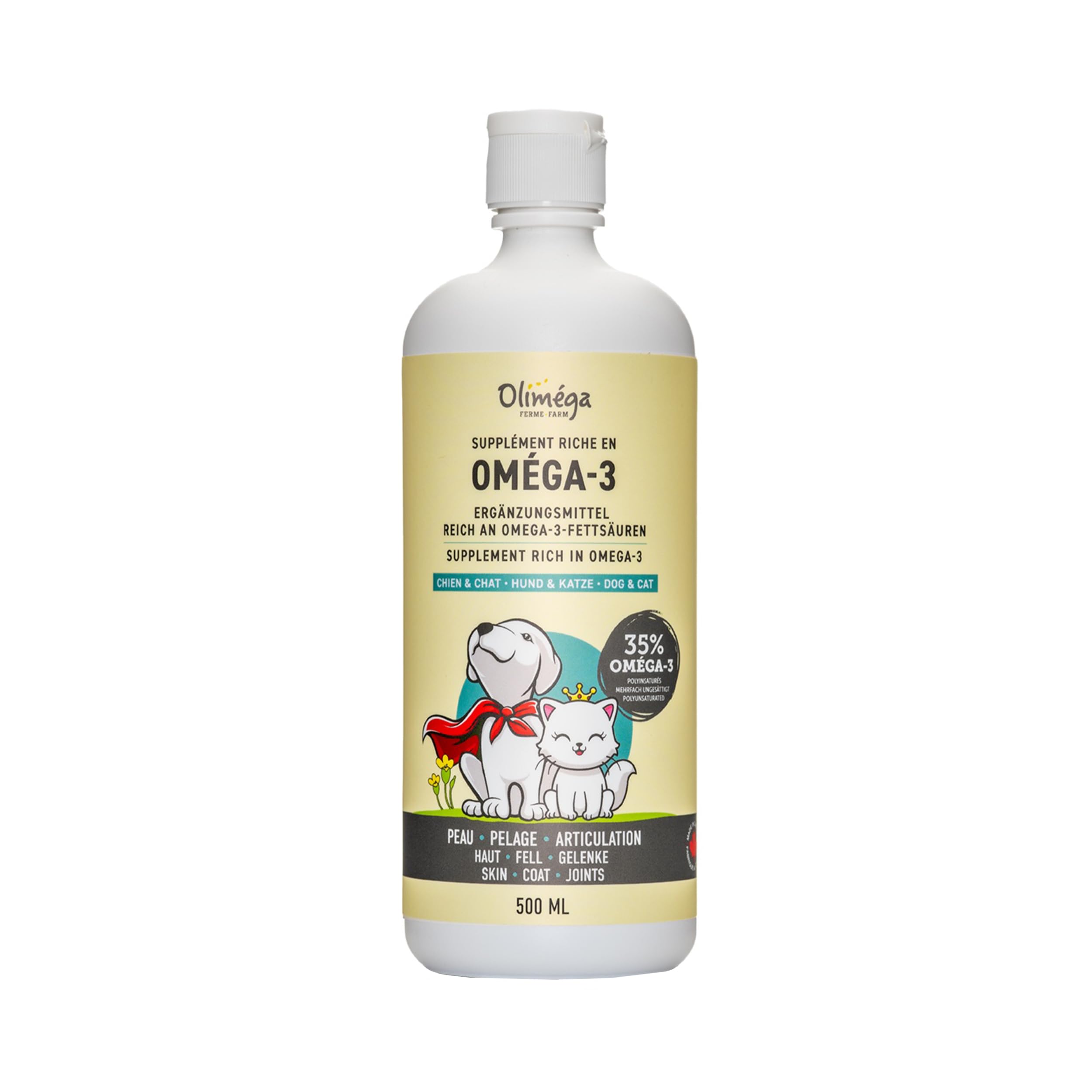 Signé Caméline: bouteille d'huile camelina pour pelage brillant et peau saine.