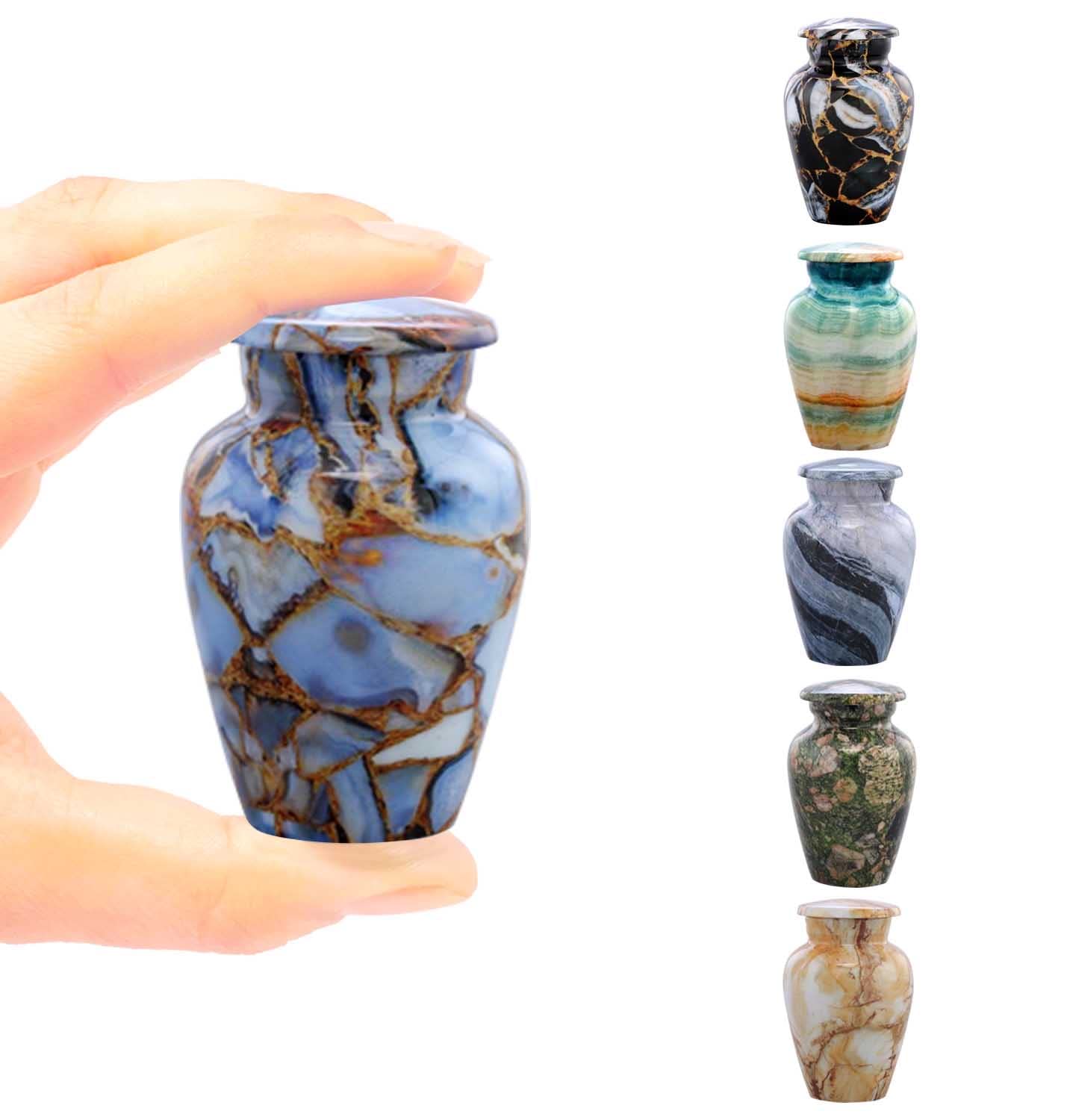 SILENT GOODBYES urne mini marbre bleu : finition luxueuse pour mémoire tangible.