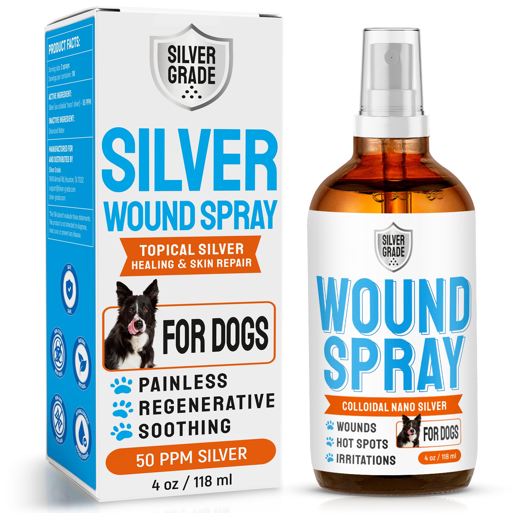 SILVER GRADE – Bouteille compacte de spray pour chien, prêt pour les soins à domicile.