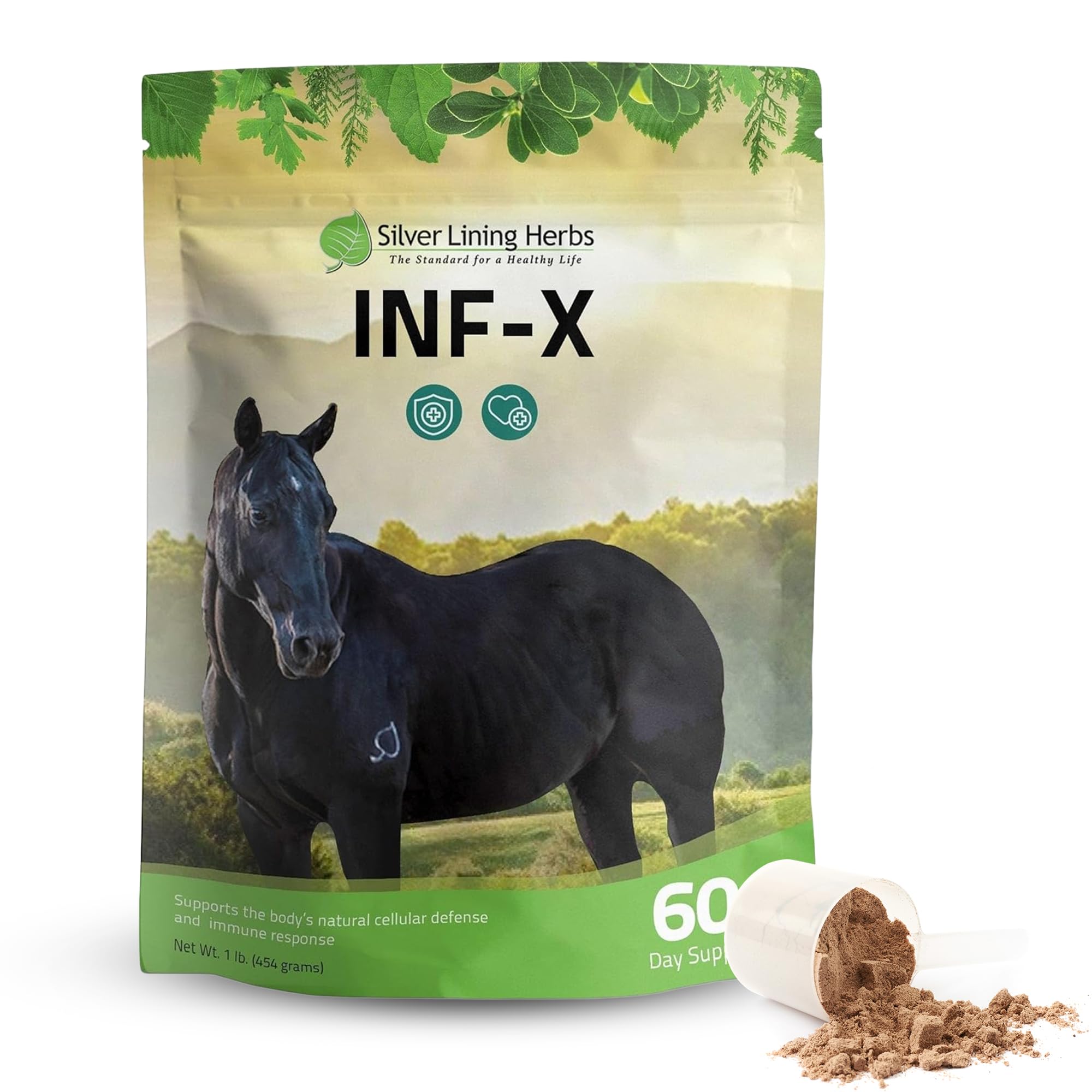 Flacon INF-X de Silver Lining Herbs, soutien potentiel des défenses immunitaires du cheval.