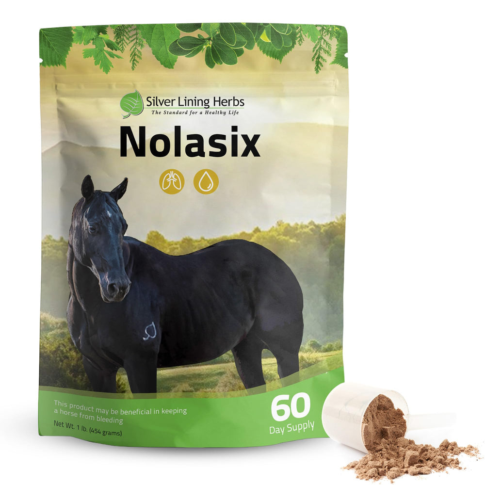 Nolasix de Silver Lining Herbs dans son emballage prêt à l’emploi pour l’alimentation quotidienne du cheval.