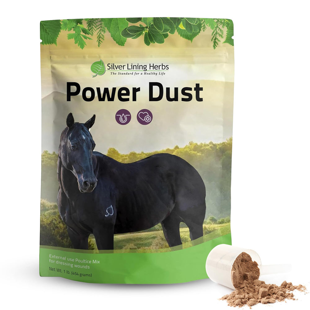Power Dust de Silver Lining Herbs, bouteille, pratique dans le kit de premiers soins équins.