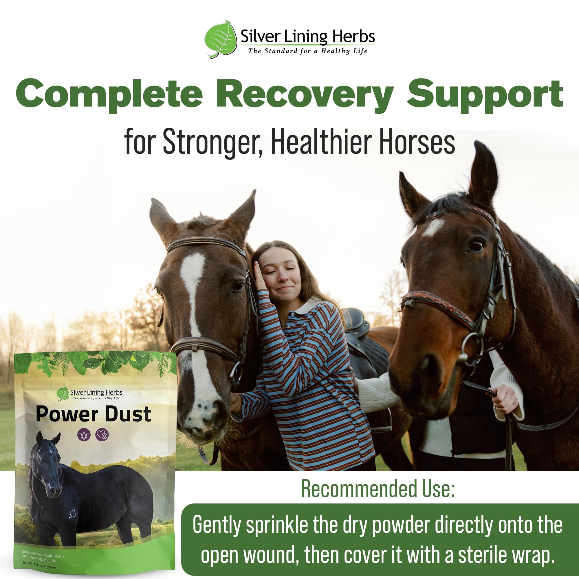 Power Dust, utilisation-cheval, solution pratique en écurie pour les soins.