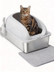 Litière Simple Deluxe XL en acier inox avec couvercle, réduction des éclaboussures et débris.