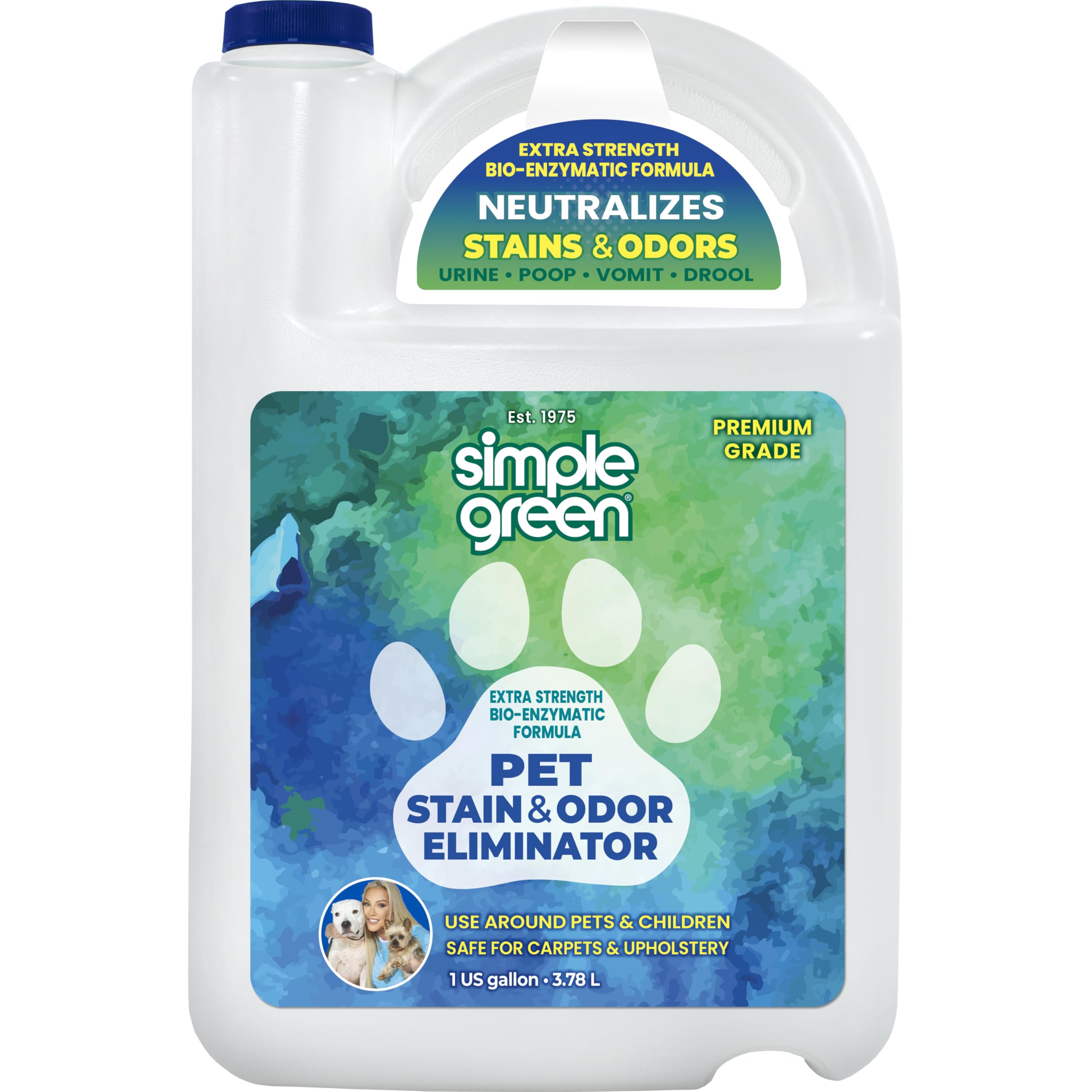 Simple Green bouteille-detachant-taches-animaux neutralise taches et odeurs sur tapis et surfaces.