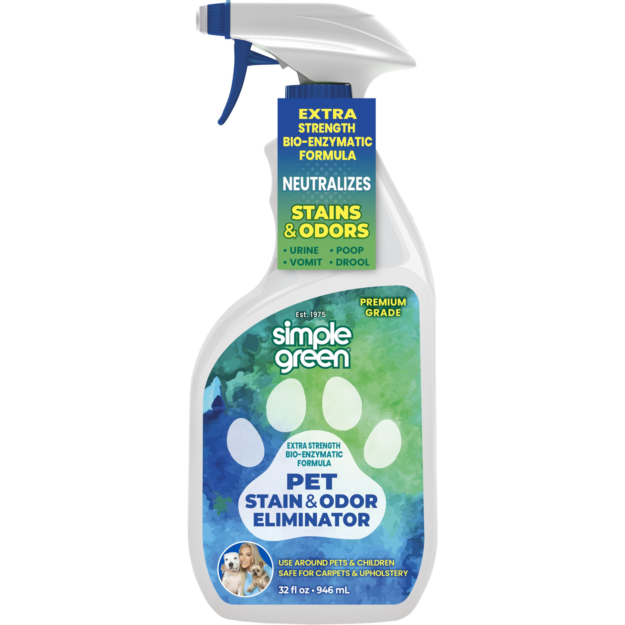 Bouteille Simple Green montrant la forme de nettoyage sur taches et odeurs.