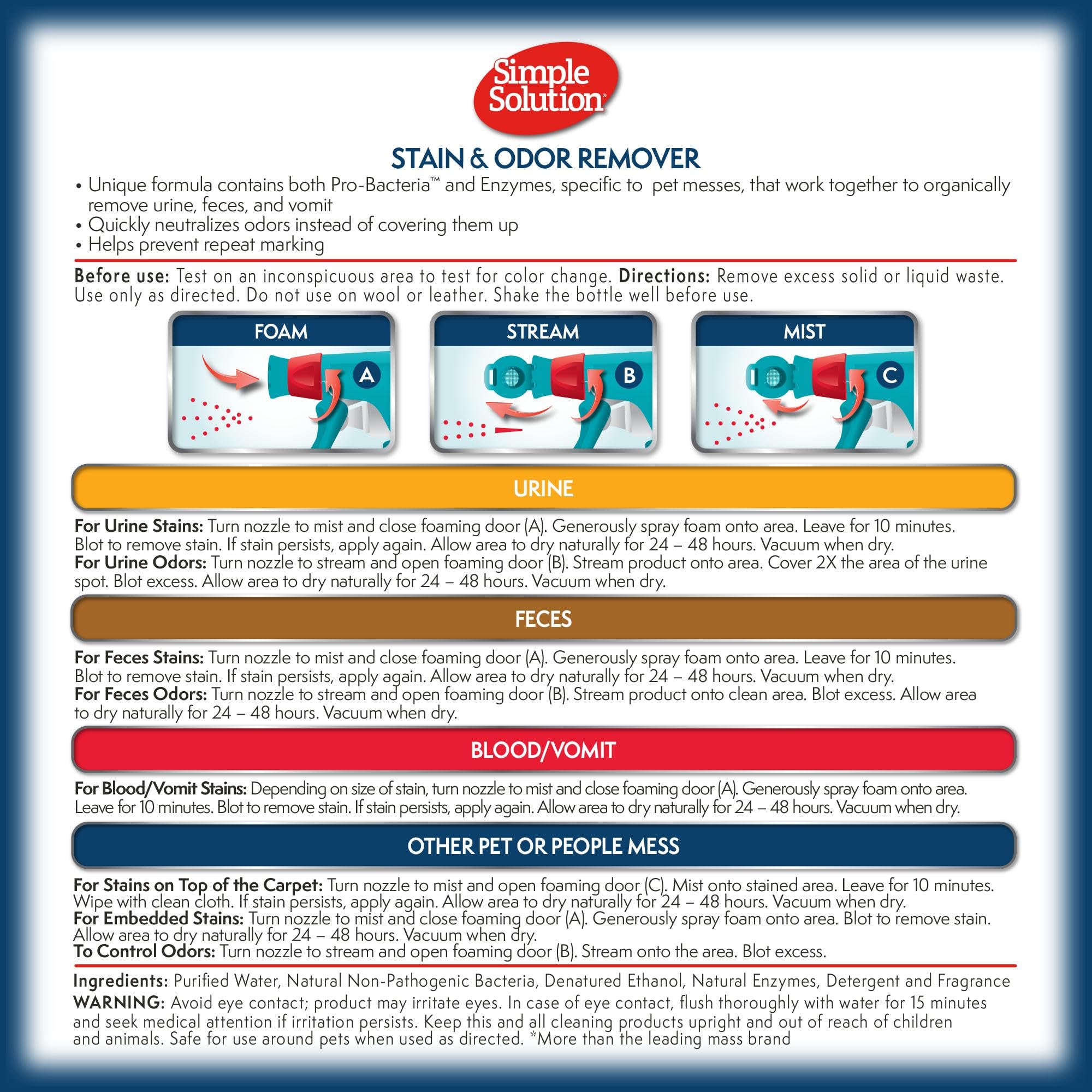 Formulation pro-bacteries Simple Solution éliminant taches et odeurs.