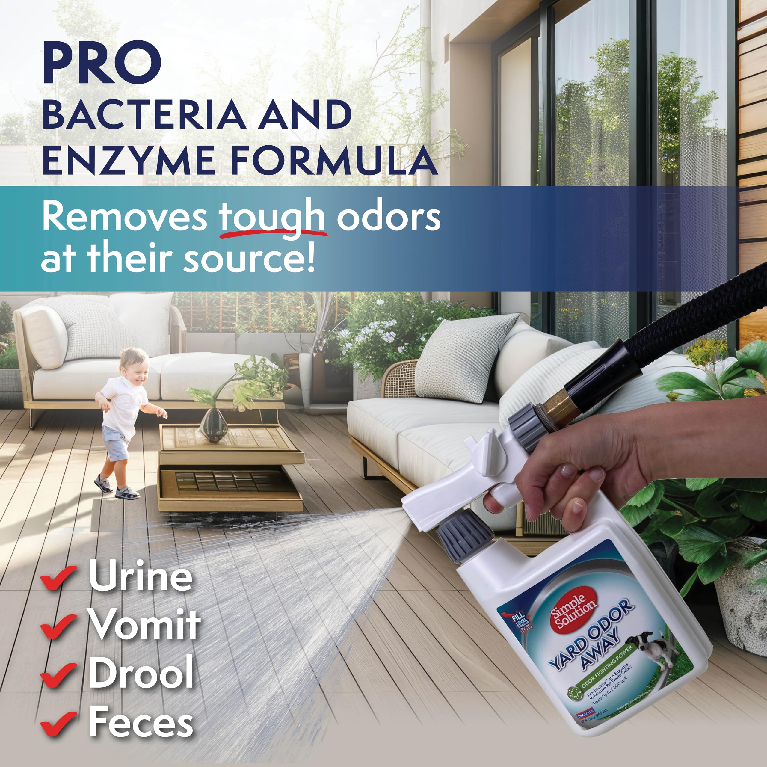 Simple Solution Yard Odor Away! Nettoyant efficace sur terrasse et béton sans endommager le gazon.