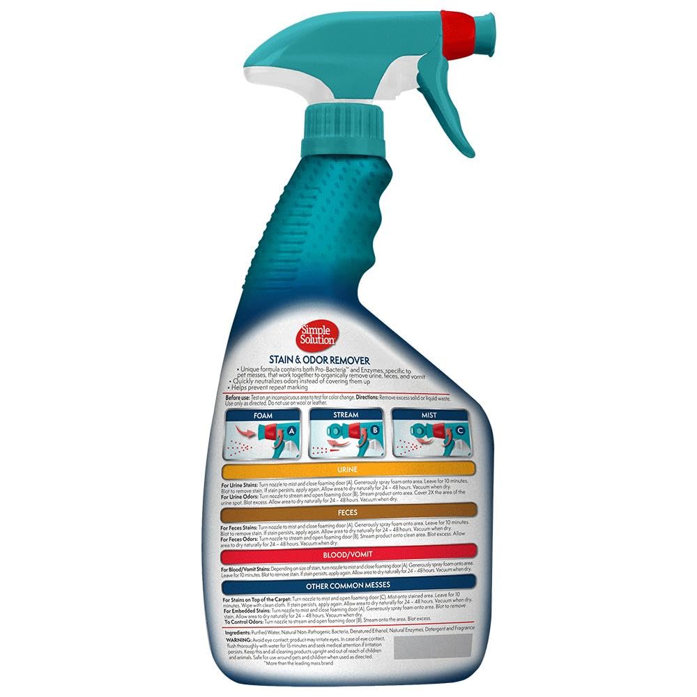 Simple Solution Pro-Bacteria, formule enzymatique avancée, élimine les taches et aide à prévenir les reprises.