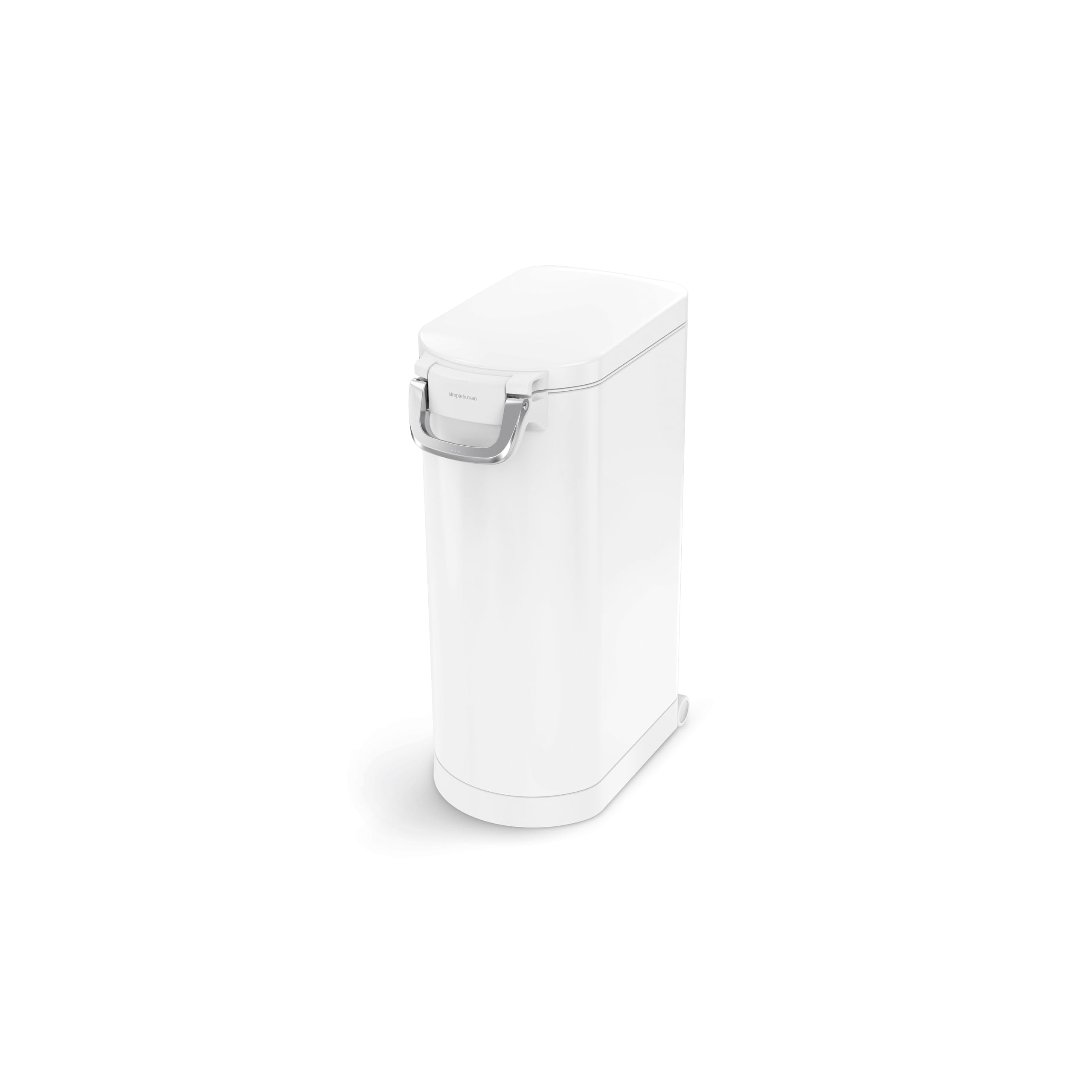 Vue frontale du conteneur simplehuman avec poignee facilitant le transport.
