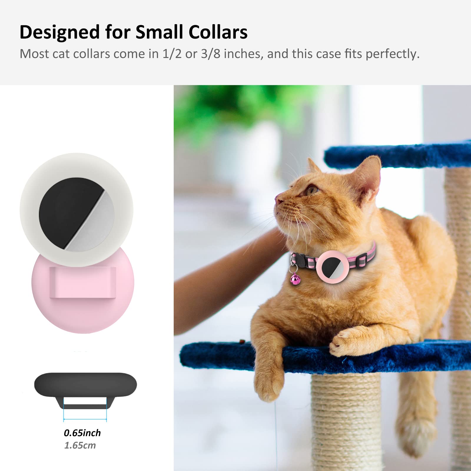 Étui AirTag SimpleThings pour chat, rose et blanc, protection et facilité d’utilisation.