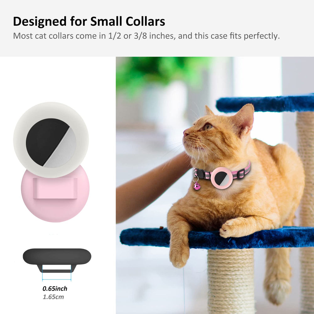 Étui AirTag SimpleThings pour chat, rose et blanc, protection et facilité d’utilisation.