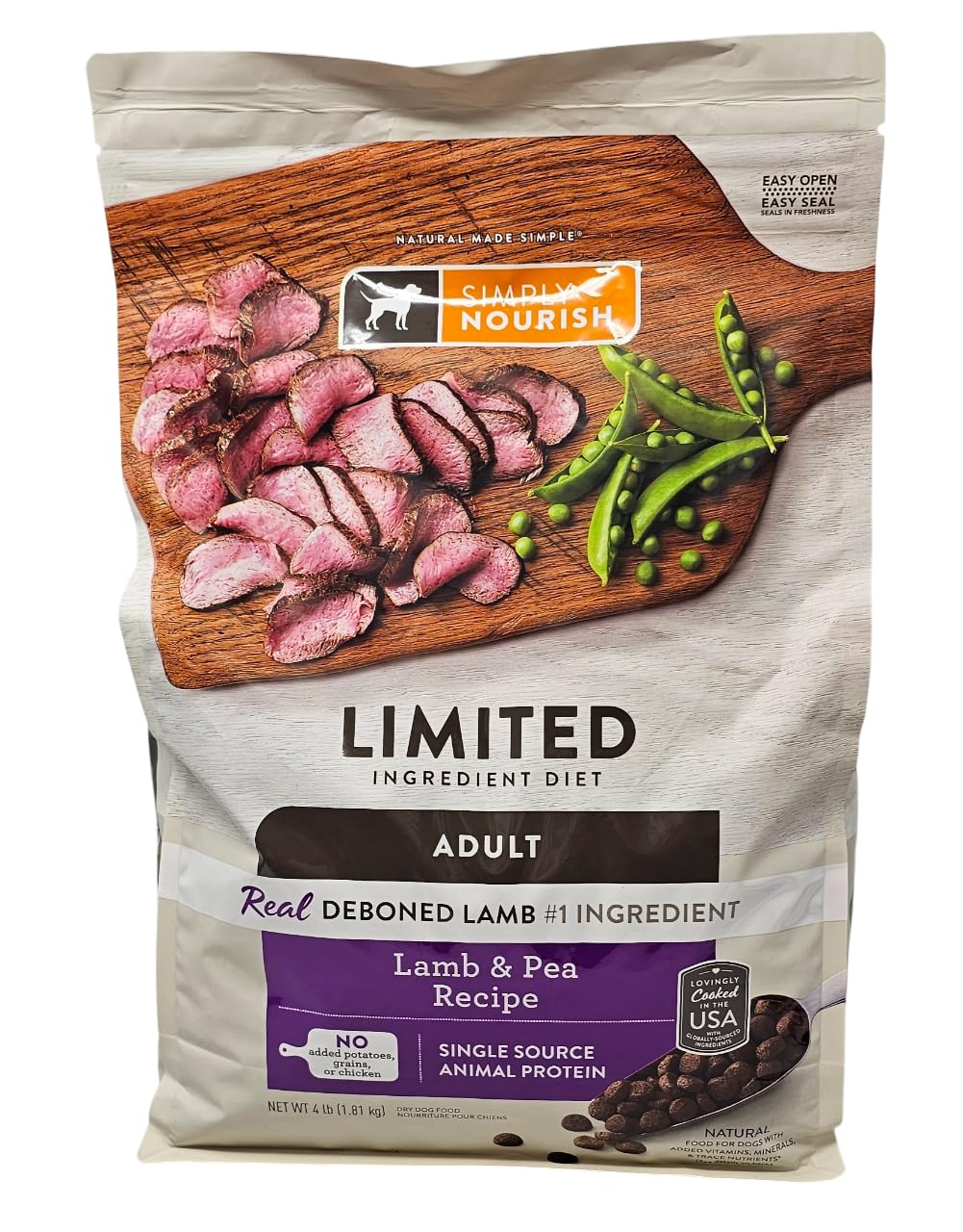 Croquettes SIMPLY NOURISH agneau et pois dans un sac pratique.