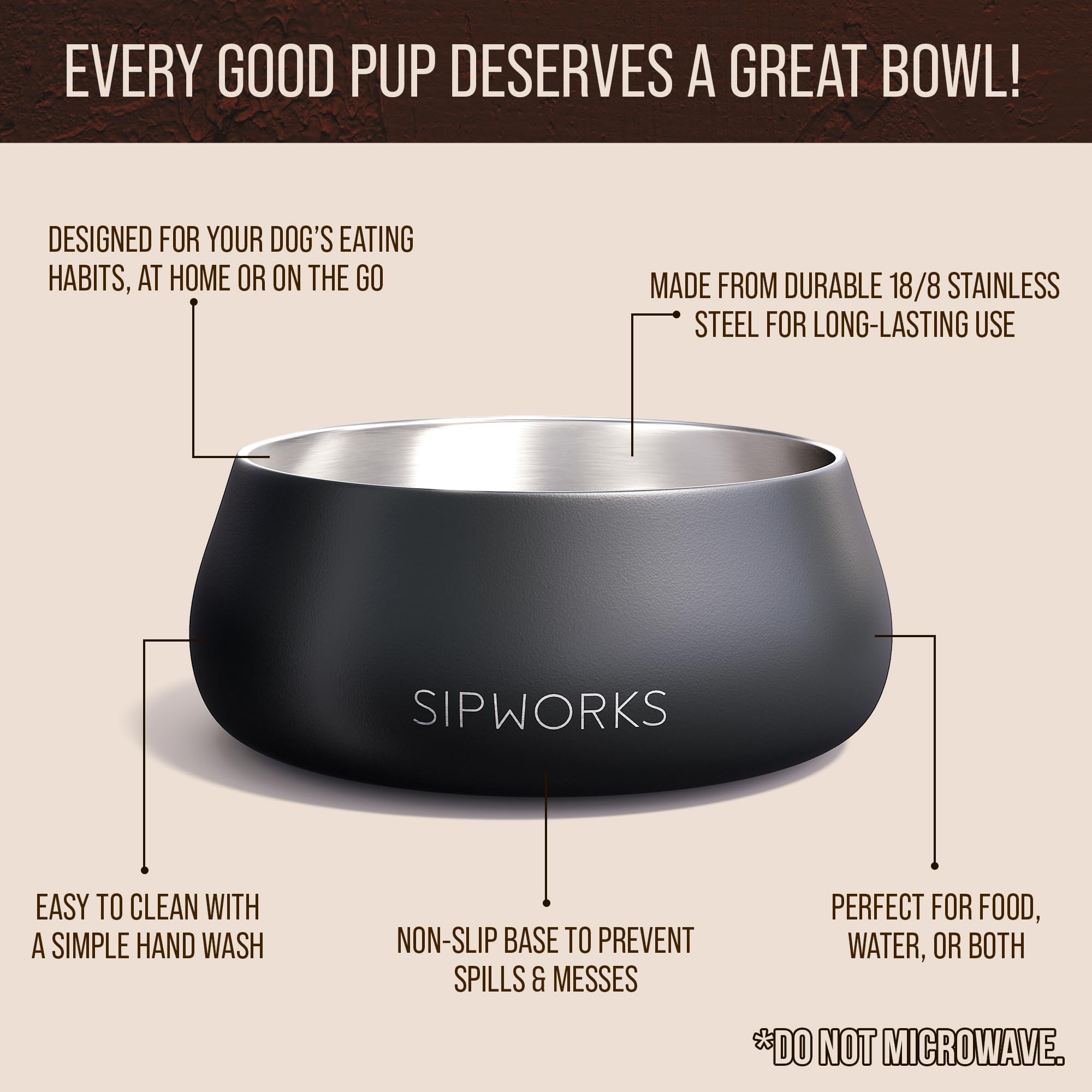 Bol Sipworks inox 32oz acajou, finition élégante pour la table.