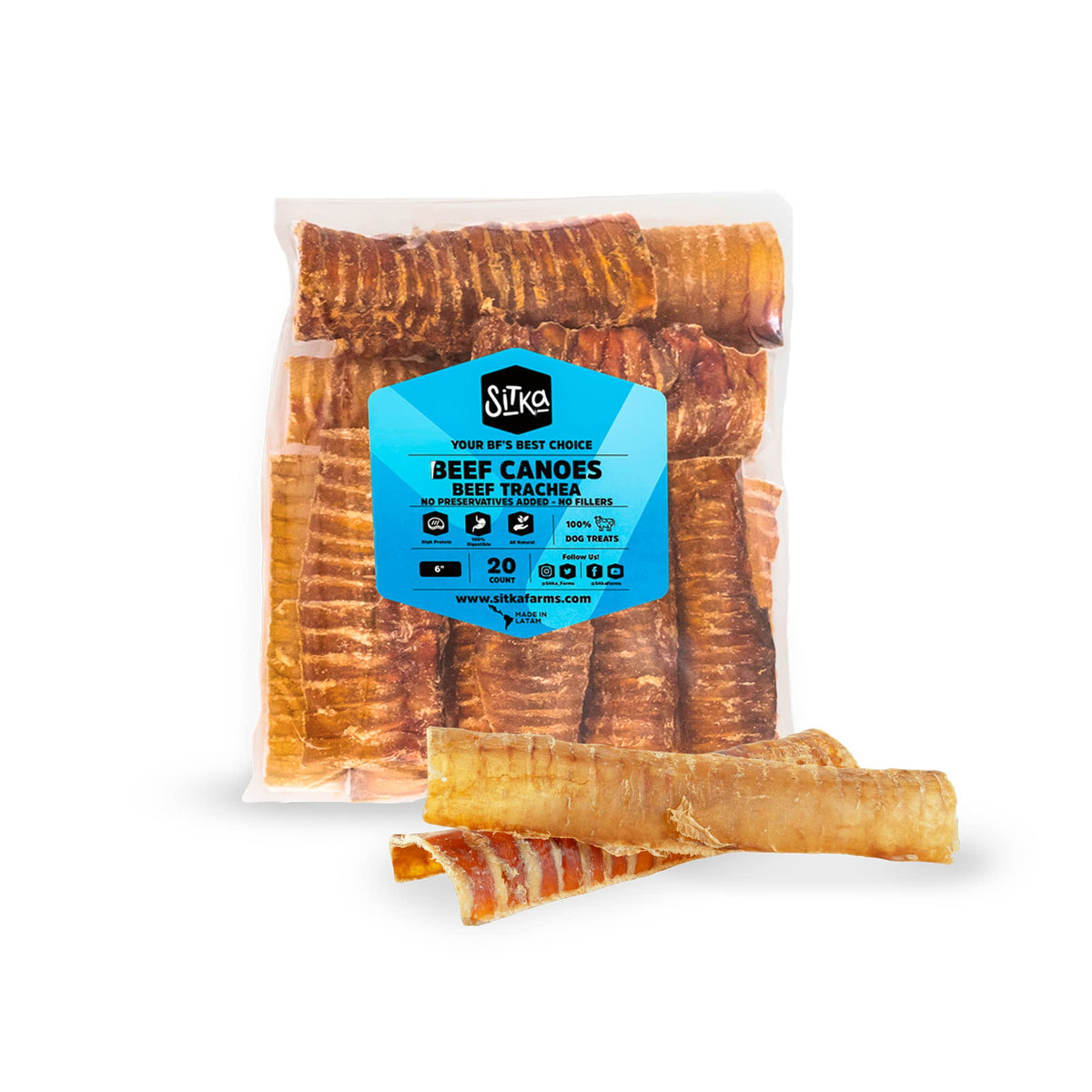 Friandise SITKA Trachee boeuf fendue 6po, longue duree pour chiens.
