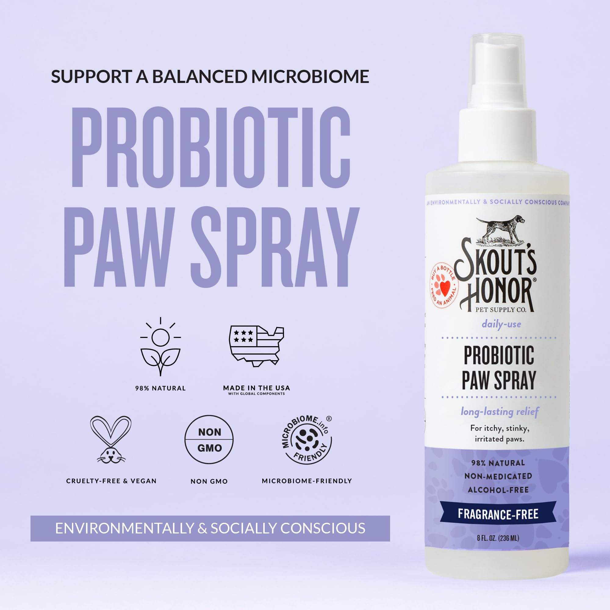 Bouteille 8 oz SKOUT'S HONOR, spray probiotiques pour patte de chien, usage quotidien.