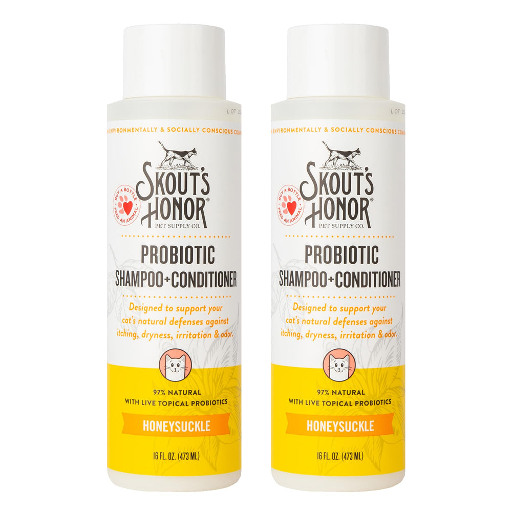 Skout's Honor Shampoing Probiotique pour chat, bouteille mettant en valeur le soin du pelage.