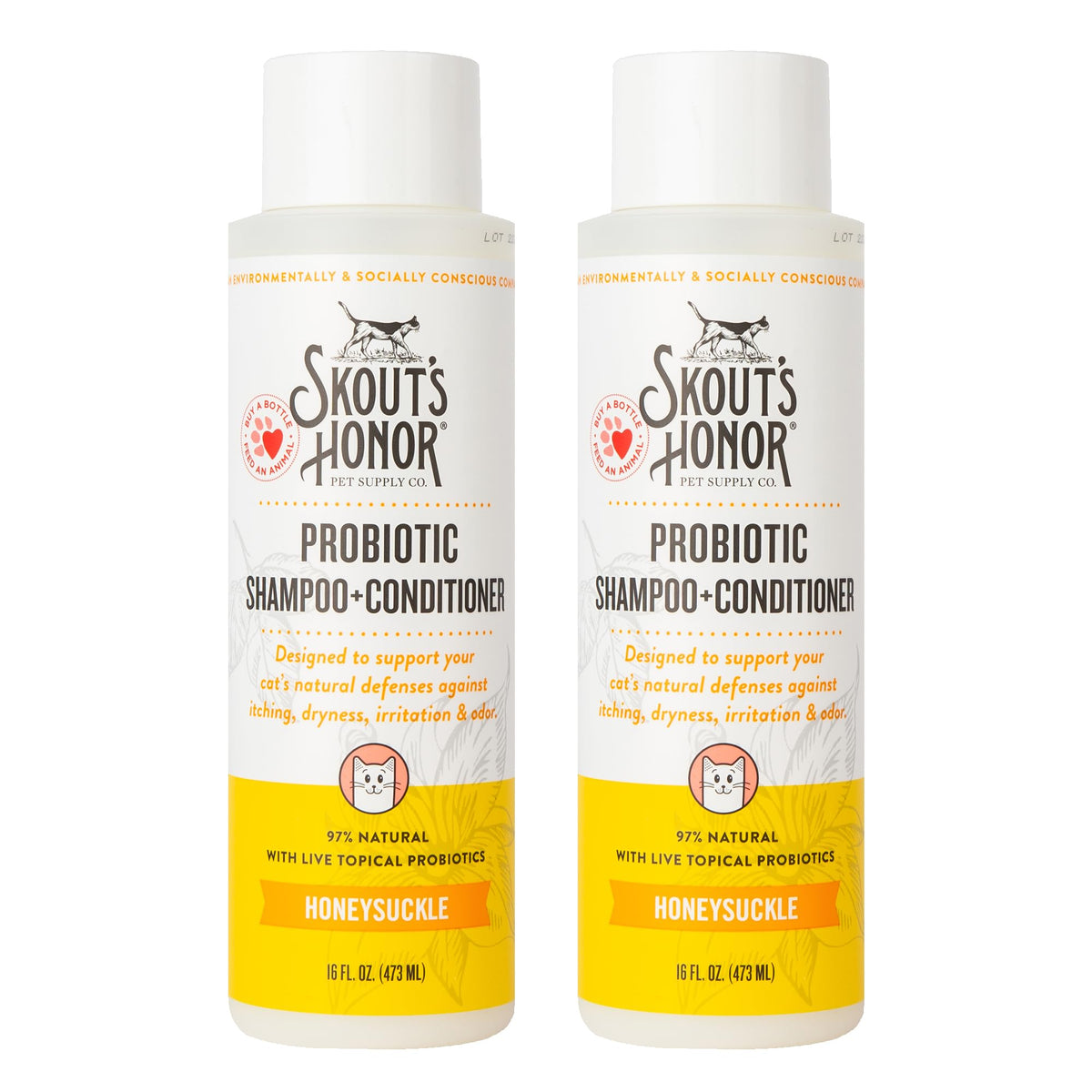 Skout's Honor Shampoing Probiotique pour chat, bouteille mettant en valeur le soin du pelage.