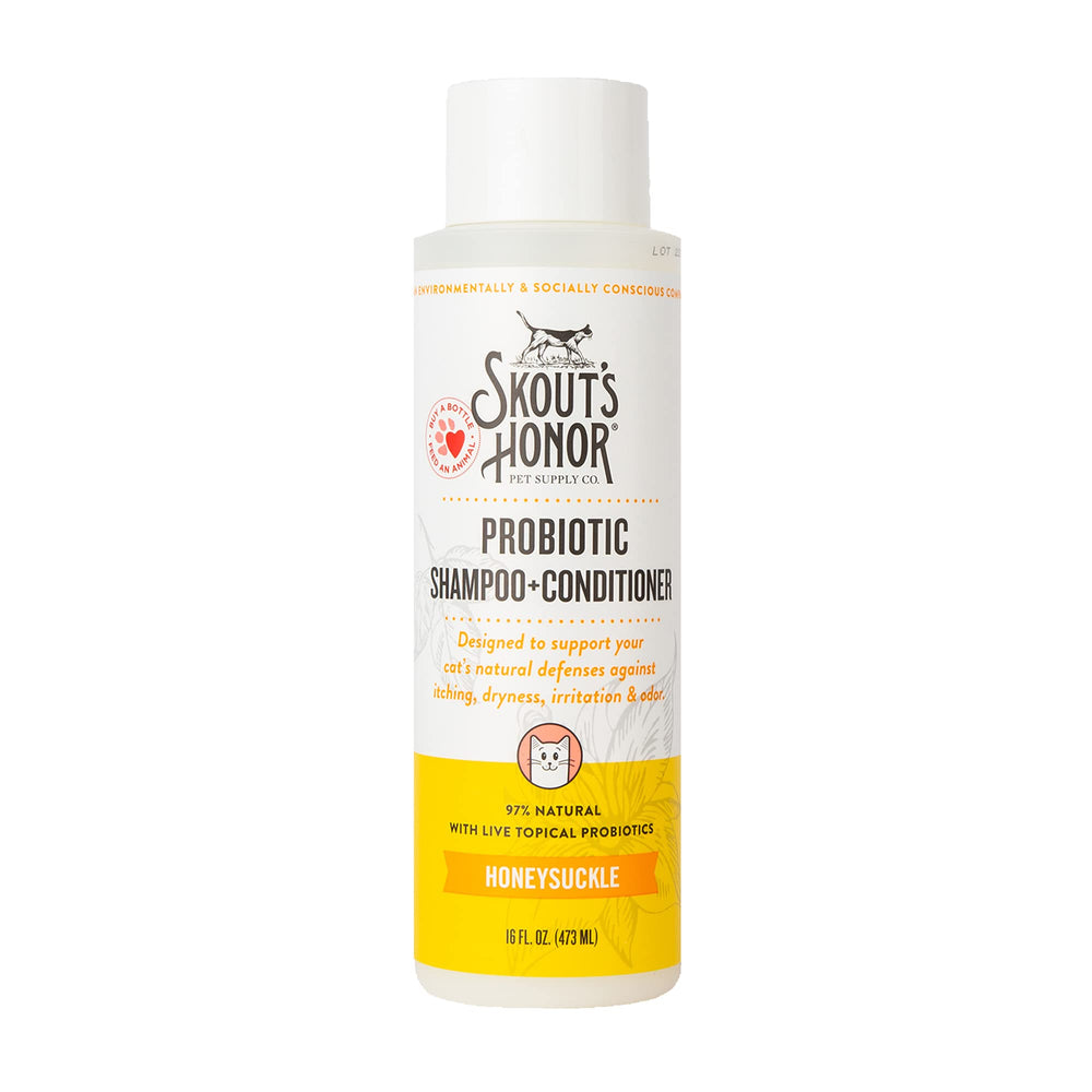 Shampooing Skout's Honor pour chat avec probiotiques et avocat, favorisant pelage lisse.
